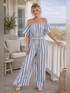 Flying Tomato Striped Wide Leg Jumpsuit XL Off Shoulder Coastal Tie Waist Boho